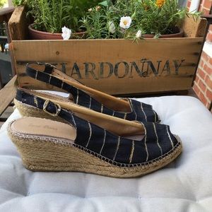TONI PONS Striped Back Strap Cotton Canvas Open Toe Wedge Espadrilles CALPE 9.5